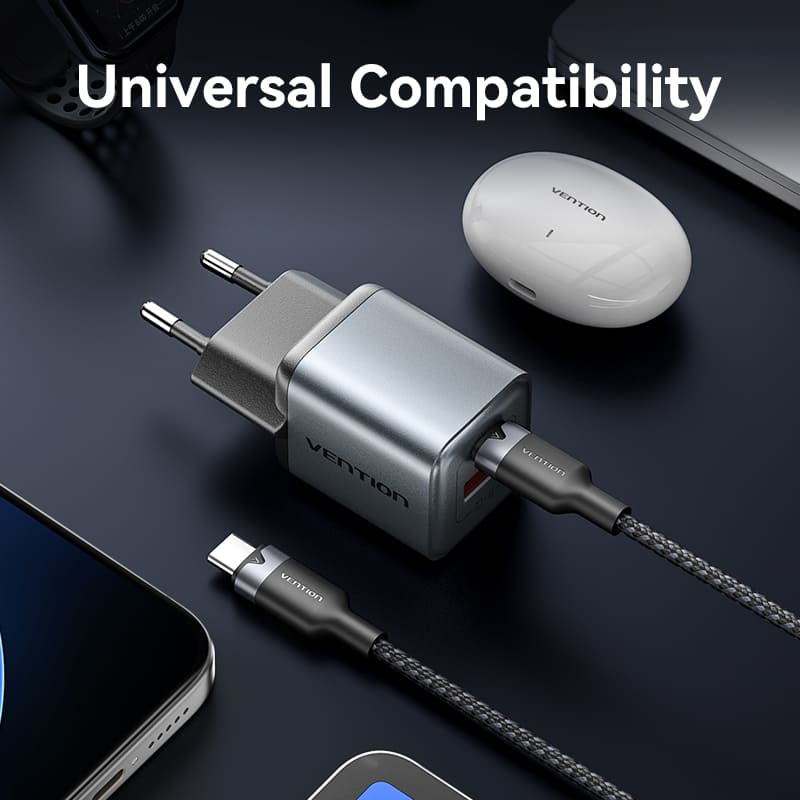 Vention 2-Port USB (C + A) GaN Charger (30W/18W) Gray with USB-C to USB-C Cable (1M) Black EU-Plug、mySite、fannypackpong