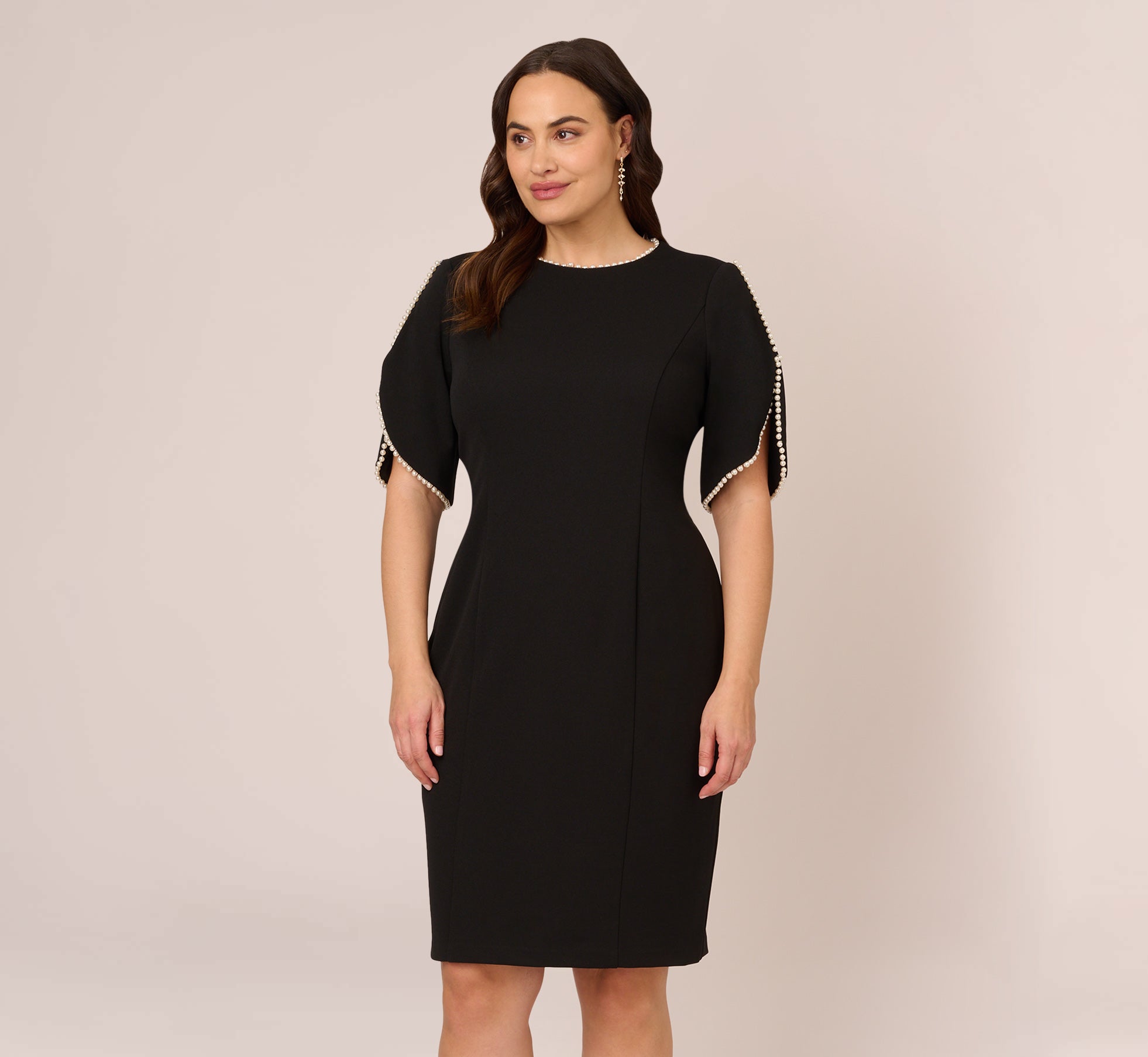 Plus Size Crepe Midi Length Sheath Dress With Pearly Trim In Black、mySite、solidvoid