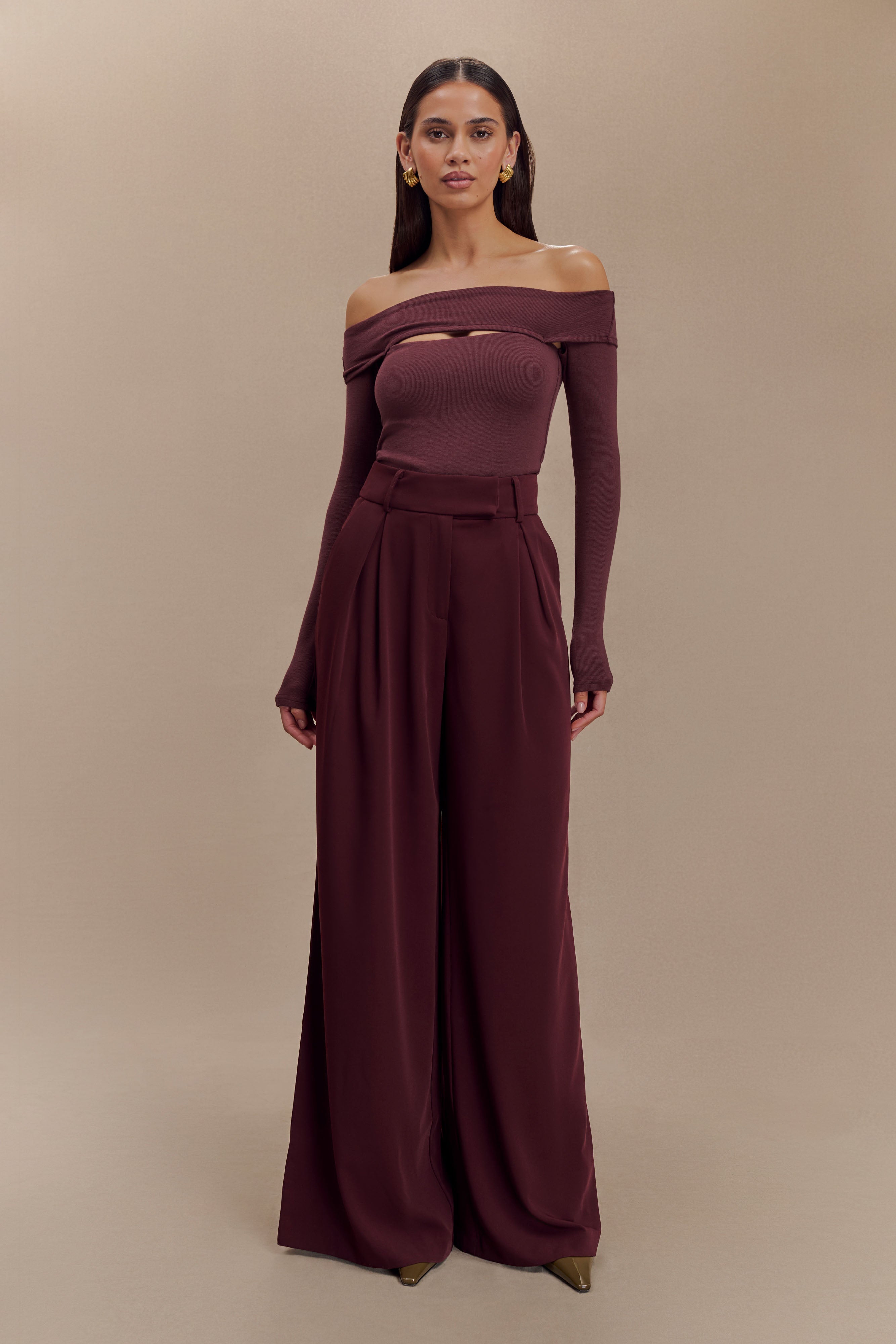 Jacqueline Pleated Wide Leg Pants - Mahogany、mySite、solidvoid