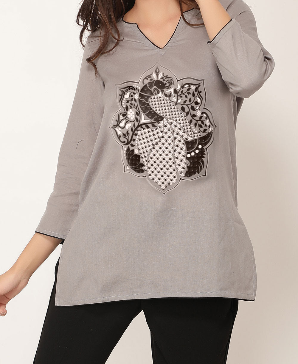 Peacock Lotus Mandala Grey and Black Cotton Tunic Top、mySite、topwebapps