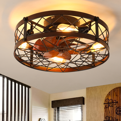 Caged Ceiling Fans with Lights Black, 20 inch Flush Mount Ceiling Fan Light, Farmhouse Small Ceiling Fan with Light Fixture, Reversible Fan for Bedroom (Including E26 bulbs)、、eastwooduniform