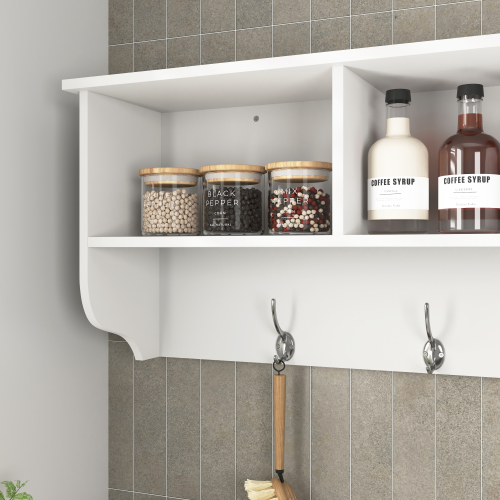 White Entryway Wall Mounted Coat Rack with 4 Dual Hooks Living Room Wooden Storage Shelf、、casual