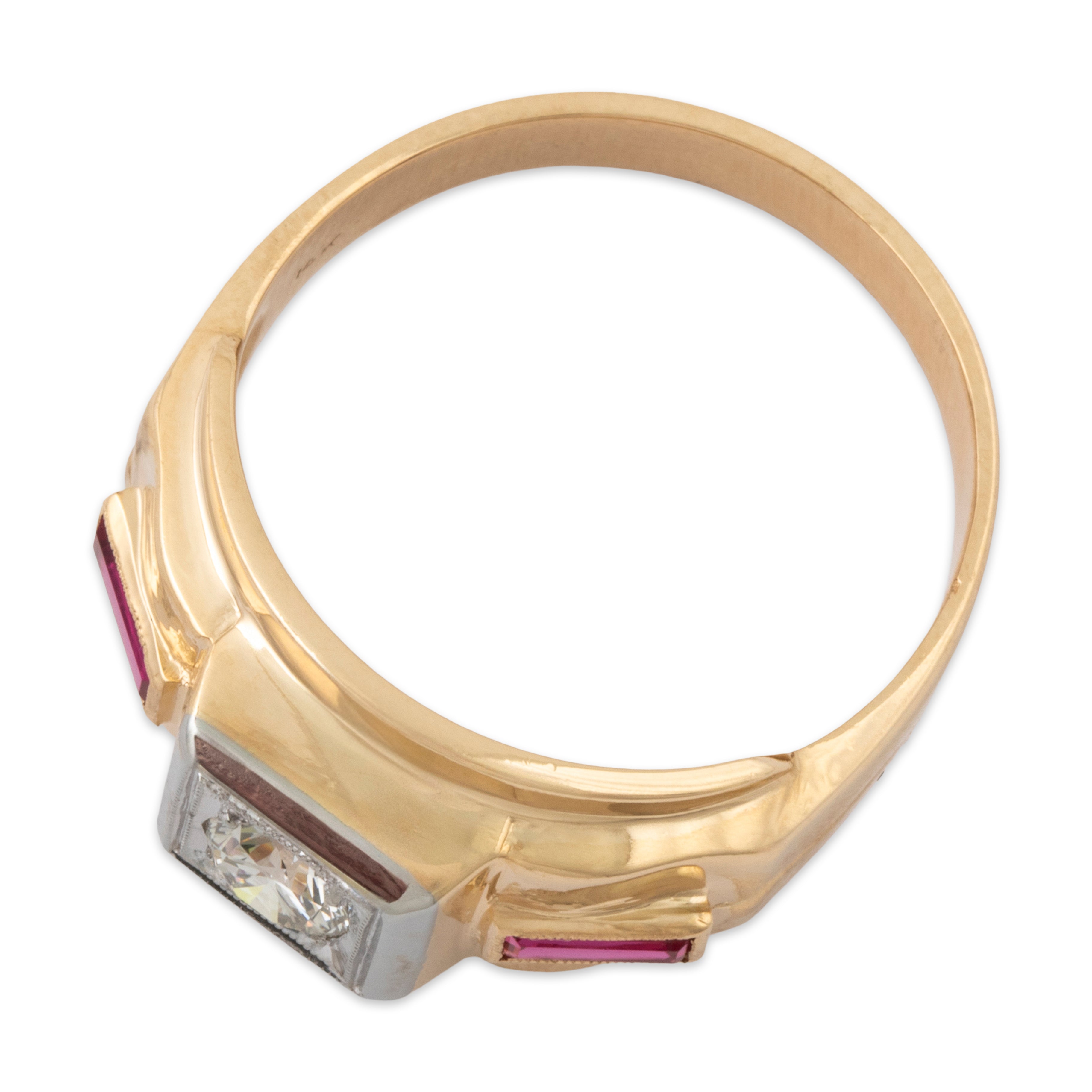 Vintage 14k Yellow Gold .46ct Natural Diamond Synthetic Ruby Bold Modernist Ring、mySite、hinf8tx79