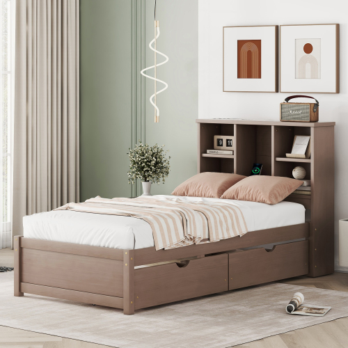 Modern Twin Size Bed Frame With Built-in USB Port on Bookcase Headboard and 2 Drawers for Walnut Color、、xpatfood