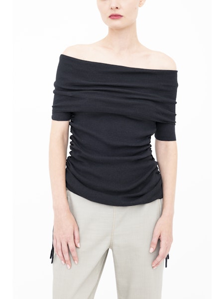 Elaine Kim Bichon Organic Cotton Hemp Off the Shoulder Rib Knit Long Side-Ruching Top、mySite、noshort