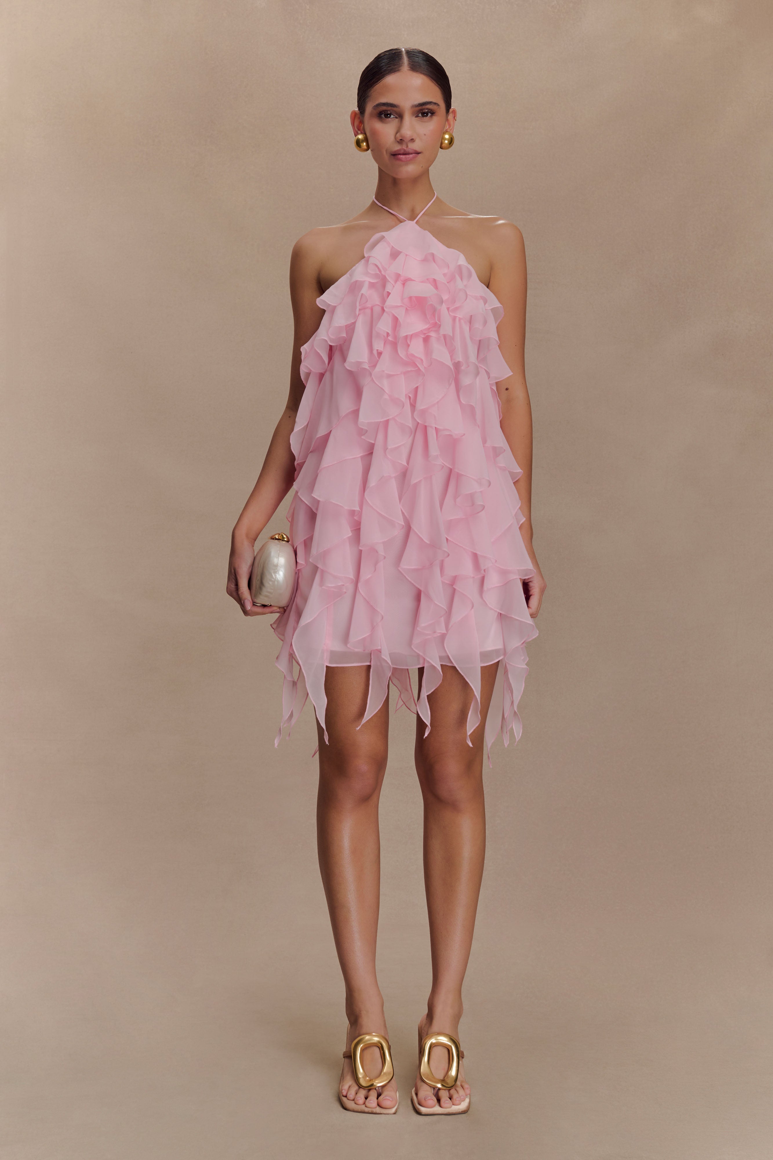 Marigold Ruffle Halter Mini Dress - Powder Pink、mySite、solidvoid