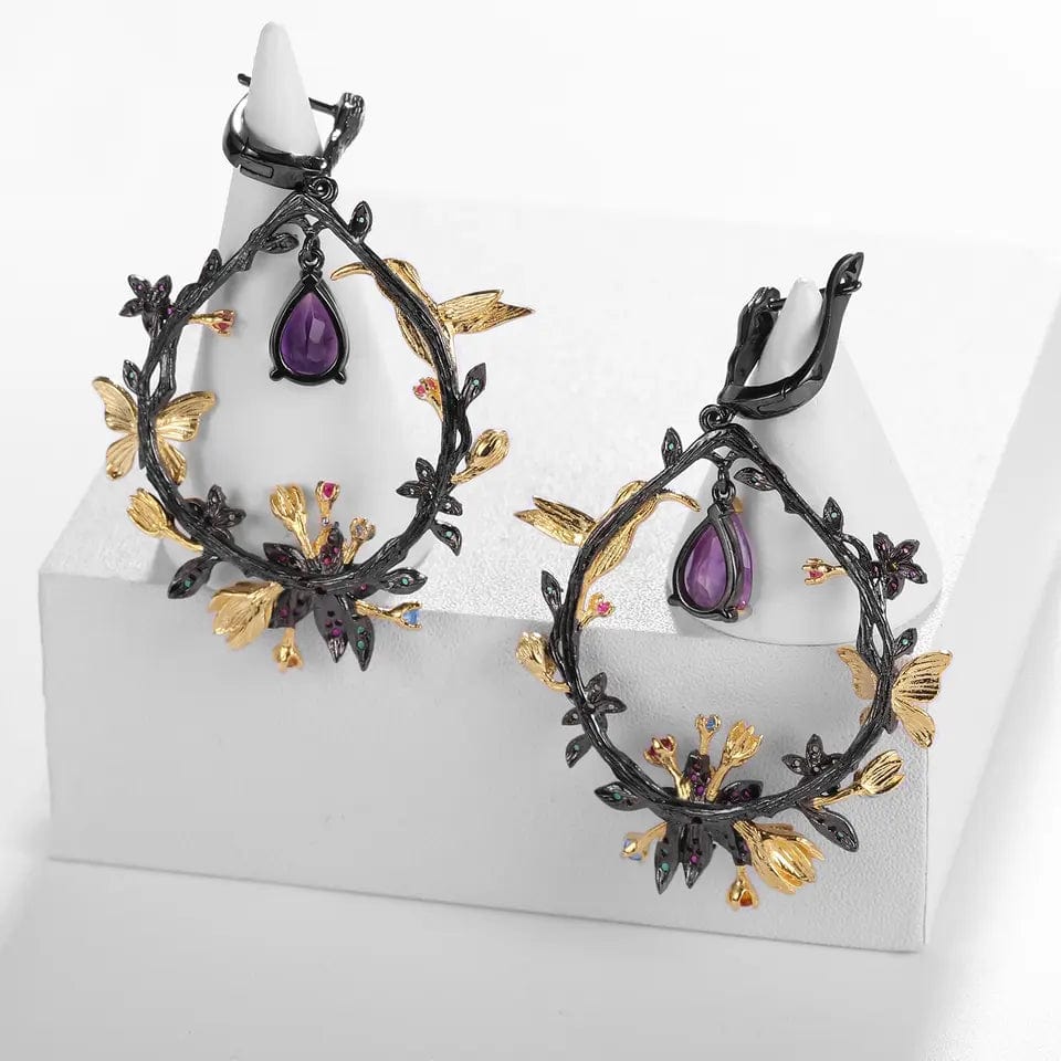 Hummingbird Floral Statement Necklace 925 Sterling Silver Waterproof Vintage Topaz, Amethyst or Citrine、mySite、g9winljtr