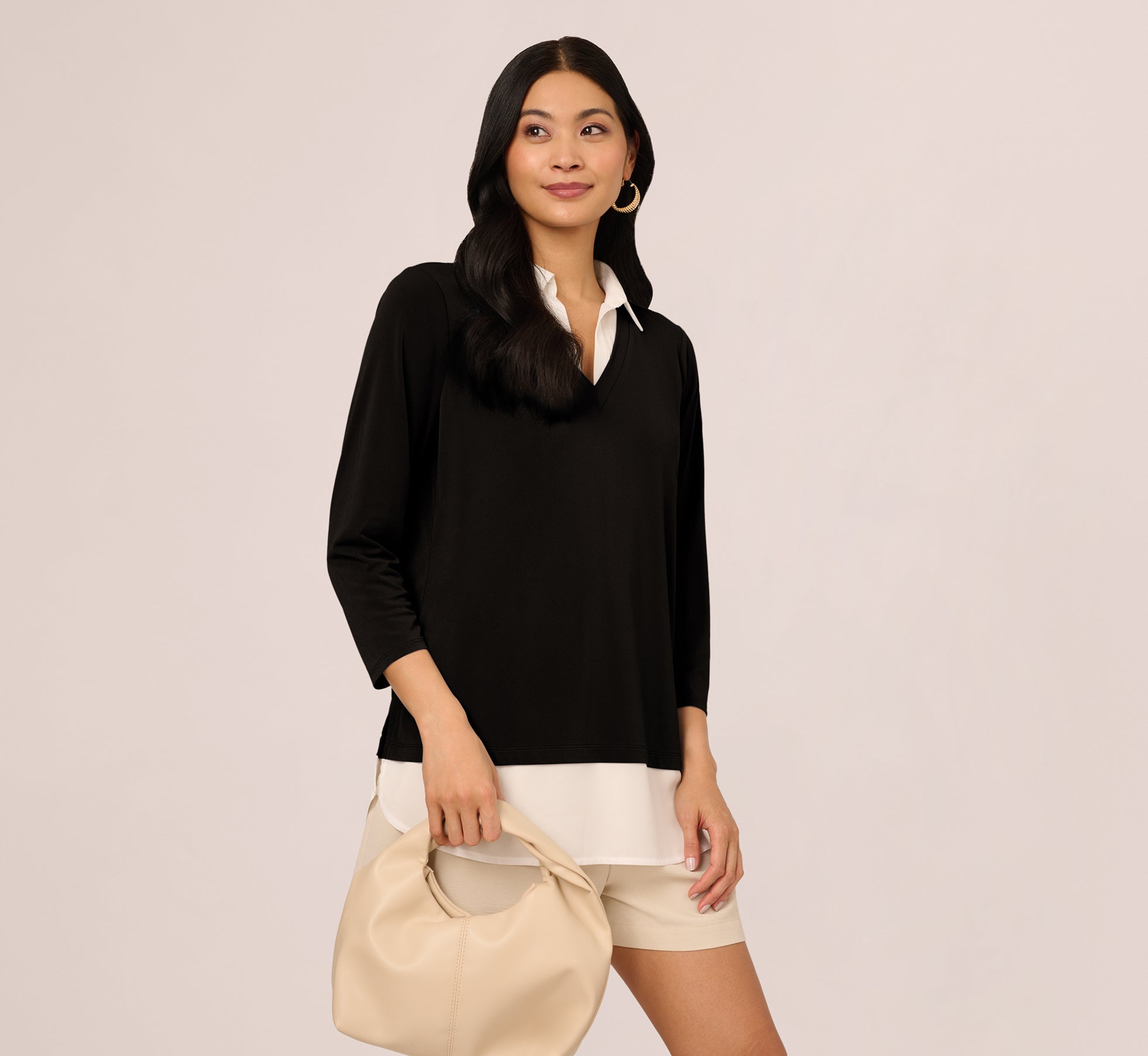 Three Quarter Sleeve Collared Twofer Sweater In Black Ivory、mySite、solidvoid