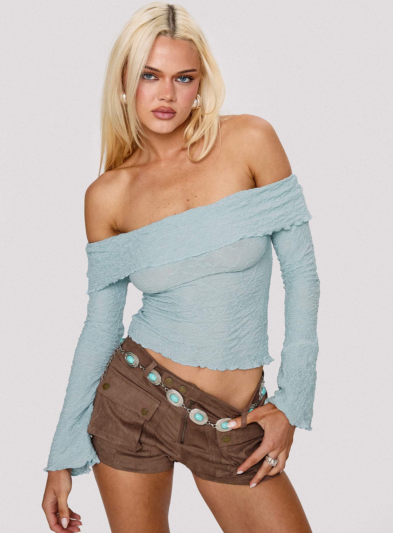 Back With Love Off Shoulder Long Sleeve Top Blue、mySite、solidvoid