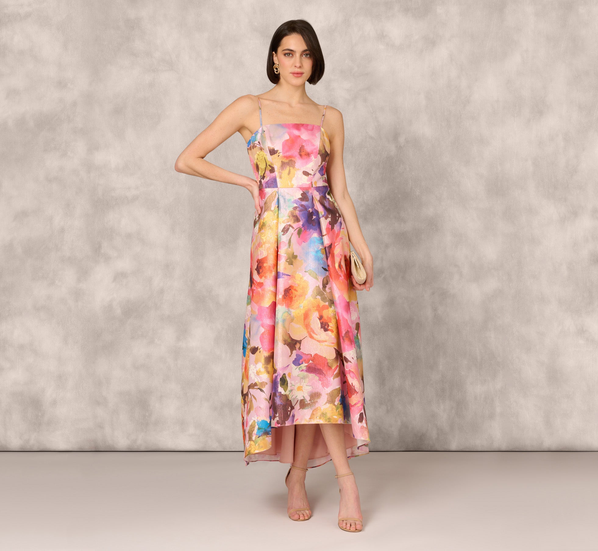 Multicolor Metallic Floral Print Jacquard High Low Gown With Pockets In Pink Multi、mySite、solidvoid