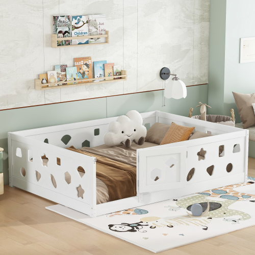 Twin Size Floor Bed with Heightened Safety Guardrails and Door, Solid Wood Bedframe with Rails for Girls, Boys, Teens, Child Bedroom, Kids Playroom, No Slats Included, White、、casual