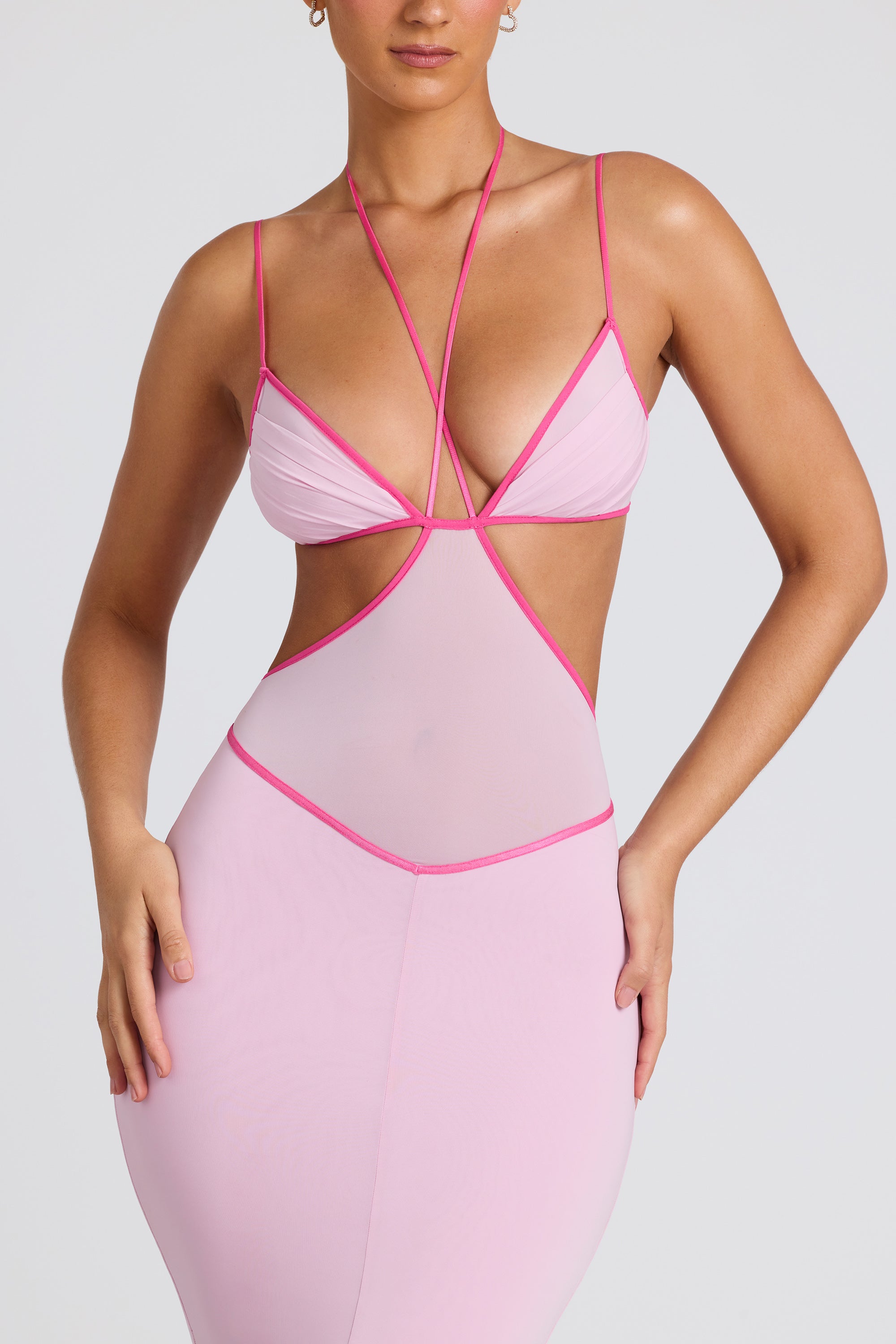 Contrast Binding Cut Out Evening Gown in Soft Pink、mySite、solidvoid