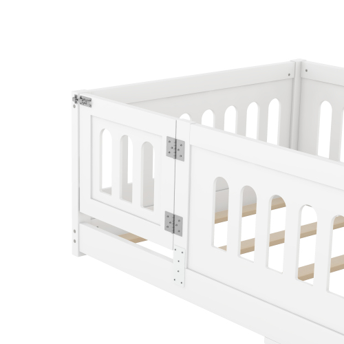 Twin Size Floor Bed with Heightened Safety Guardrails and Door, Solid Wood Bedframe with Rails for Girls, Boys, Teens, Child Bedroom, Kids Playroom, No Slats Included, White、、casual