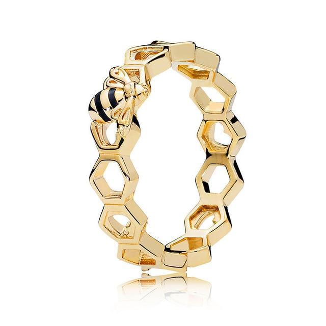 Honeycomb and Bee Ring in 925 Sterling Silver with 18K Gold Plating、mySite、g9winljtr