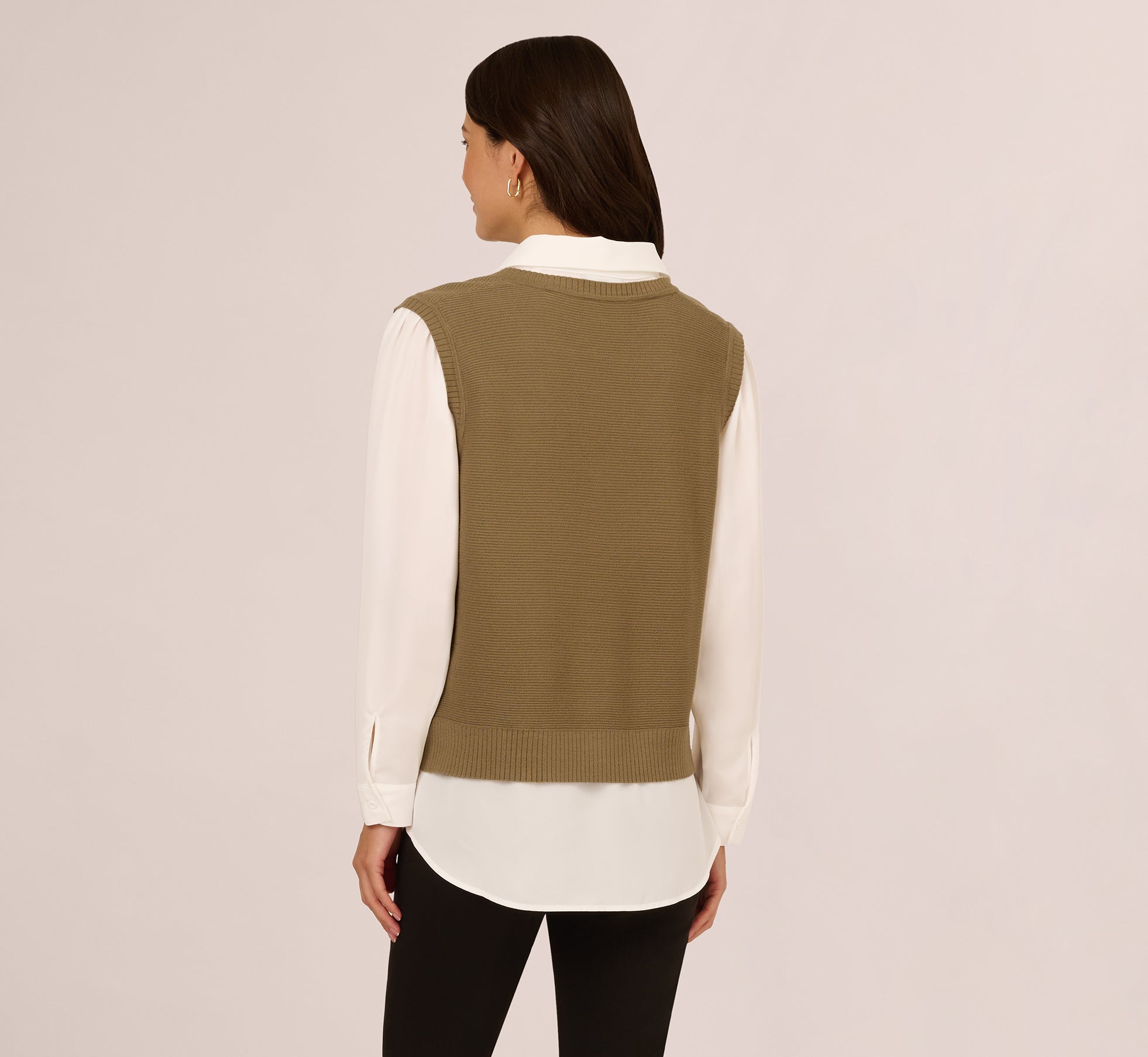 Sweater Vest Collared Twofer Shirt In Smokey Olive Ivory、mySite、solidvoid