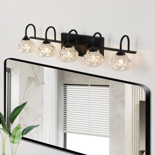23" Retro 4-Light Bathroom Vanity Light Fixture - Black Finish with Crystal Glass Shades, Wall Mounted Lighting for Bathroom, Powder Room, and Vanity Mirror (No Bulbs)、、eastwooduniform