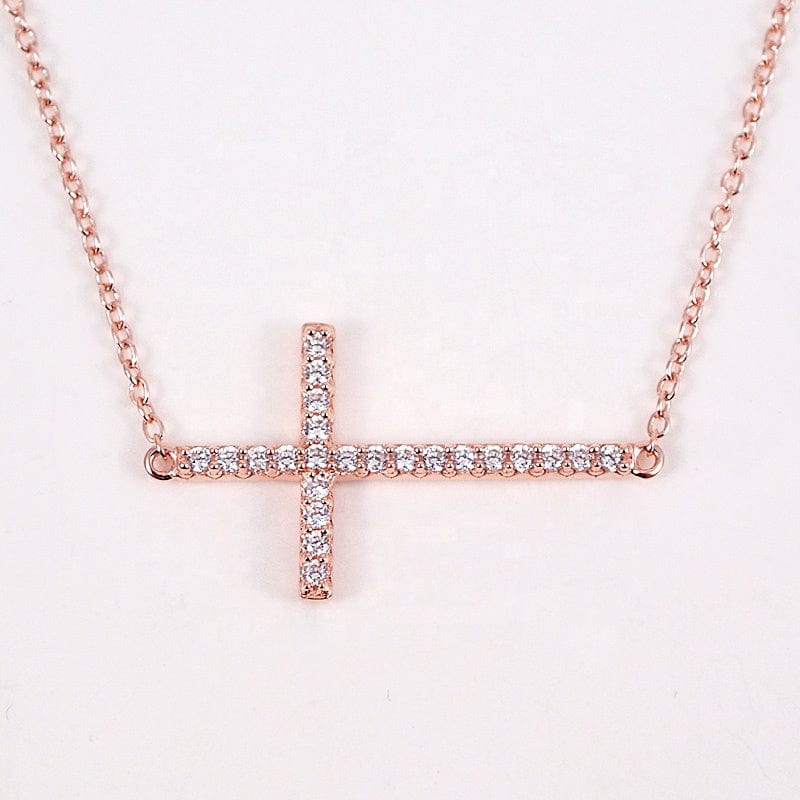 Sideways Cross Necklace with CZ Sterling Silver White, Yellow or Rose Gold Plated、mySite、g9winljtr