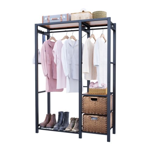 Acacia Wood Garment Racks with Shelves 2 Wicker Drawers and 4 Hooks Heavy Duty Closet Organizer for Hanging Clothes, Freestanding Closet Wardrobe Rack, Vintage Brown、、eastwooduniform