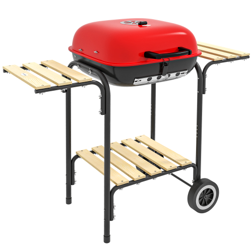 Outsunny 17" Portable Charcoal Grill with Wheels, 2 Side Tables and Bottom Shelf, BBQ with Adjustable Vents on Lid for Picnic, Camping, Backyard, Cooking, Red、、eastwooduniform