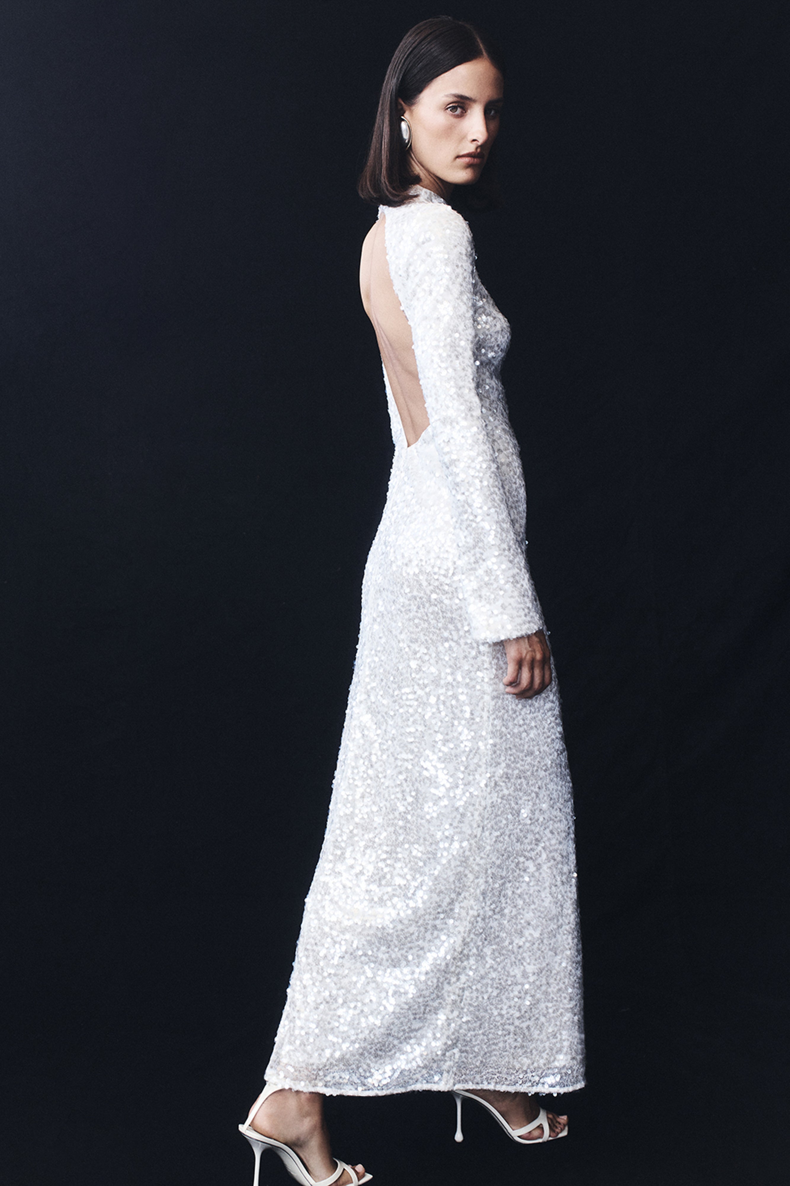 Sofia Long Sleeve Sequin Maxi Dress - White、mySite、solidvoid