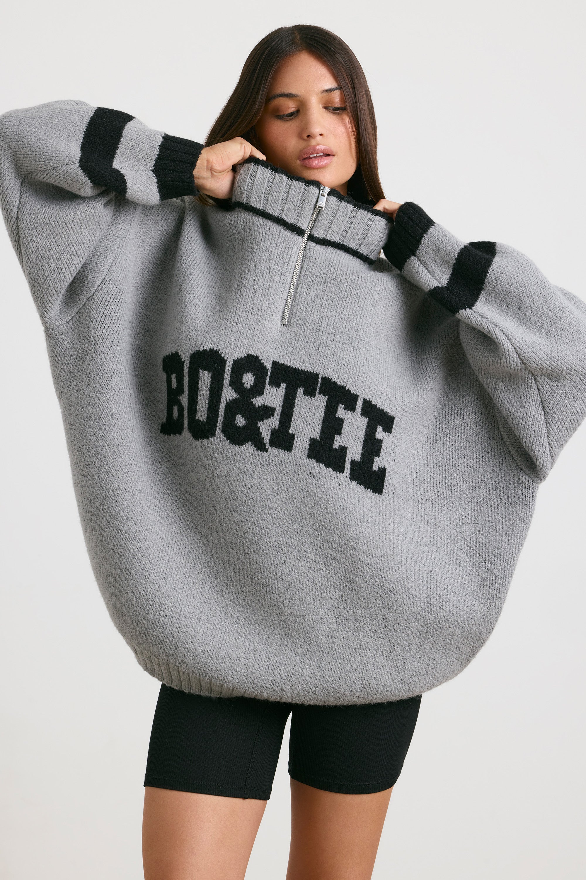 Oversized Quarter-Zip Chunky-Knit Jumper in Heather Grey、mySite、solidvoid