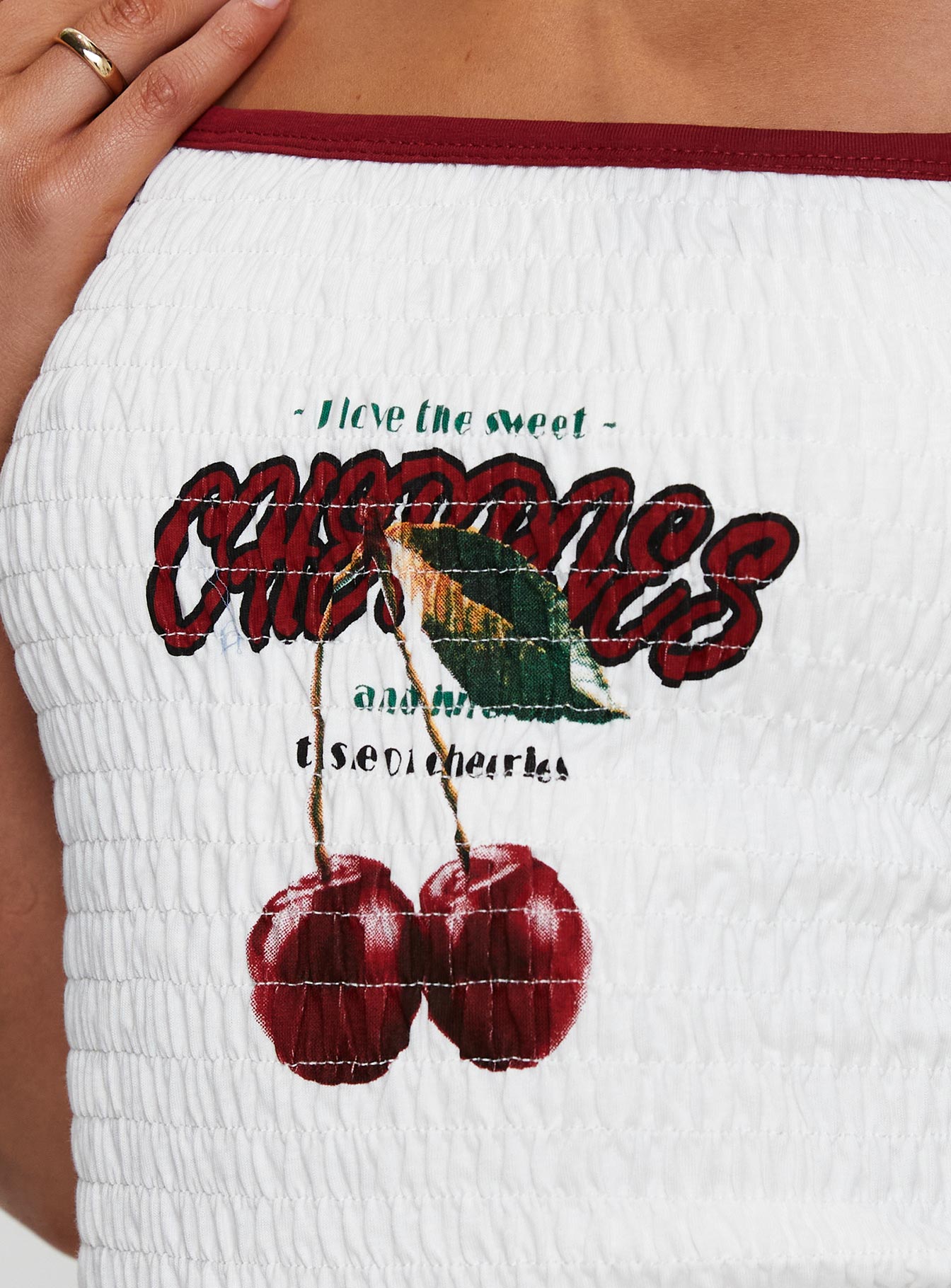 Cherrie Ties Shirred Graphic Top White、mySite、solidvoid