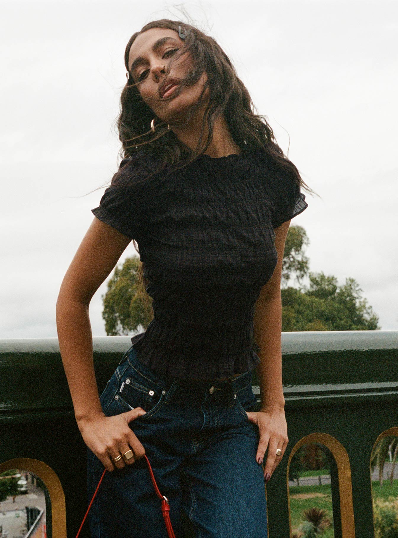 Romelle Shirred Top Black / Brown Plaid、mySite、solidvoid