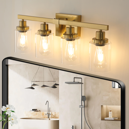 31" Golden 5-Light Vanity Light with Clear Glass Shades, Modern Iron Metal Bathroom Wall Fixture for Mirror, Ideal for Bathroom and Dressing Table (No Bulbs)、、eastwooduniform