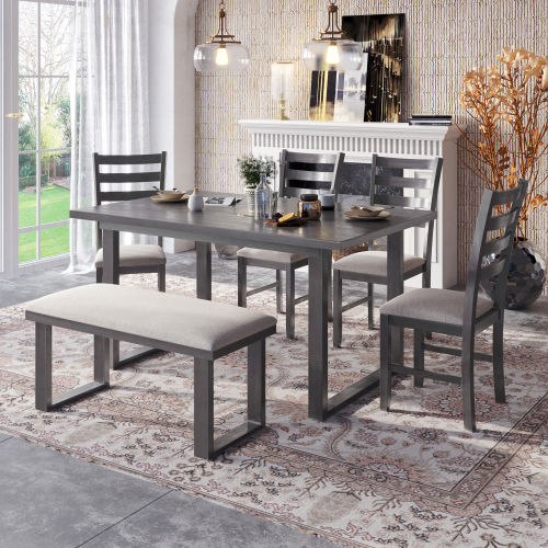 TREXM 6-Pieces Family Furniture, Solid Wood Dining Room Set with Rectangular Table & 4 Chairs with Bench(Gray)、、casual