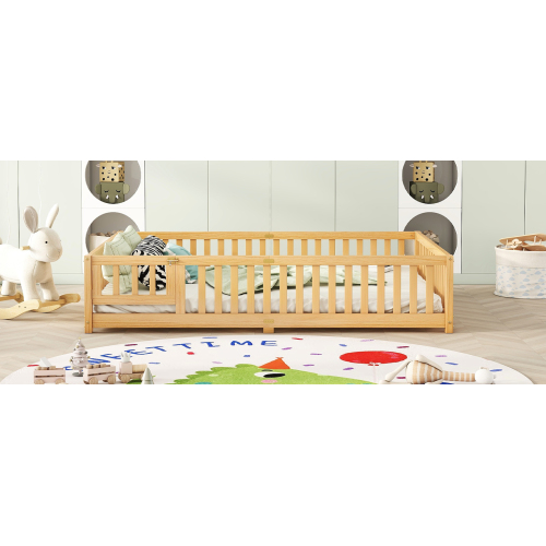 Twin Size Bed Floor Bed with Safety Guardrails and Door for Kids, Natural(Old SKU: W158090686)、、casual