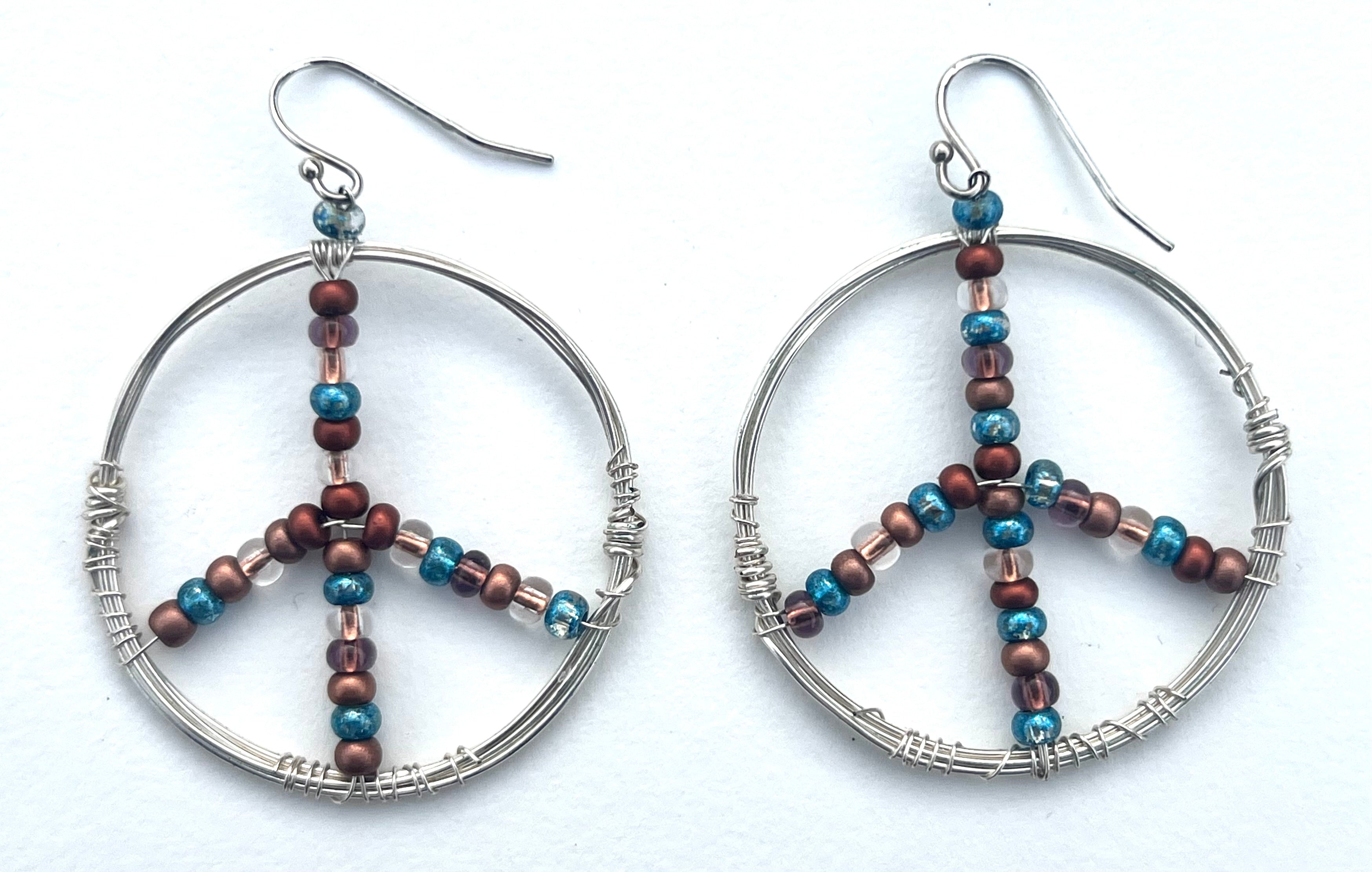 Wire-Wrapped Silver Peace Earrings with Metallic Blue and Copper Beads、mySite、topwebapps