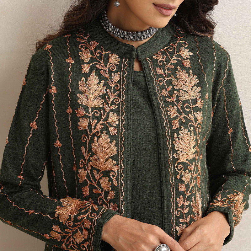 Woolen Kurta Set For Women | Kurta, Pyjama & Jacket | Embroidered | Green、mySite、camillekostekn