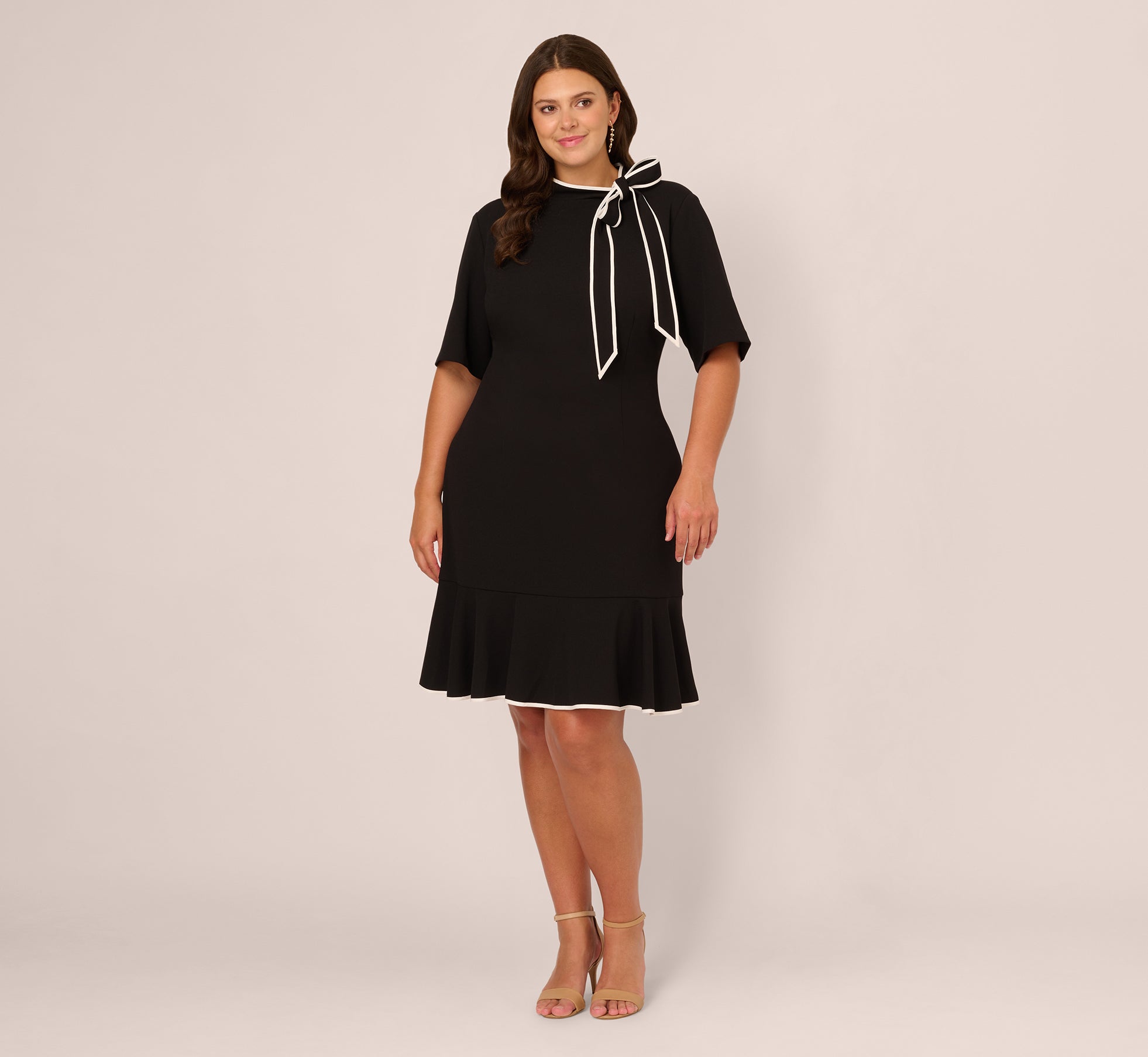 Plus Size Mock Neck Dress With Contrasting Bowtie In Black Ivory、mySite、solidvoid