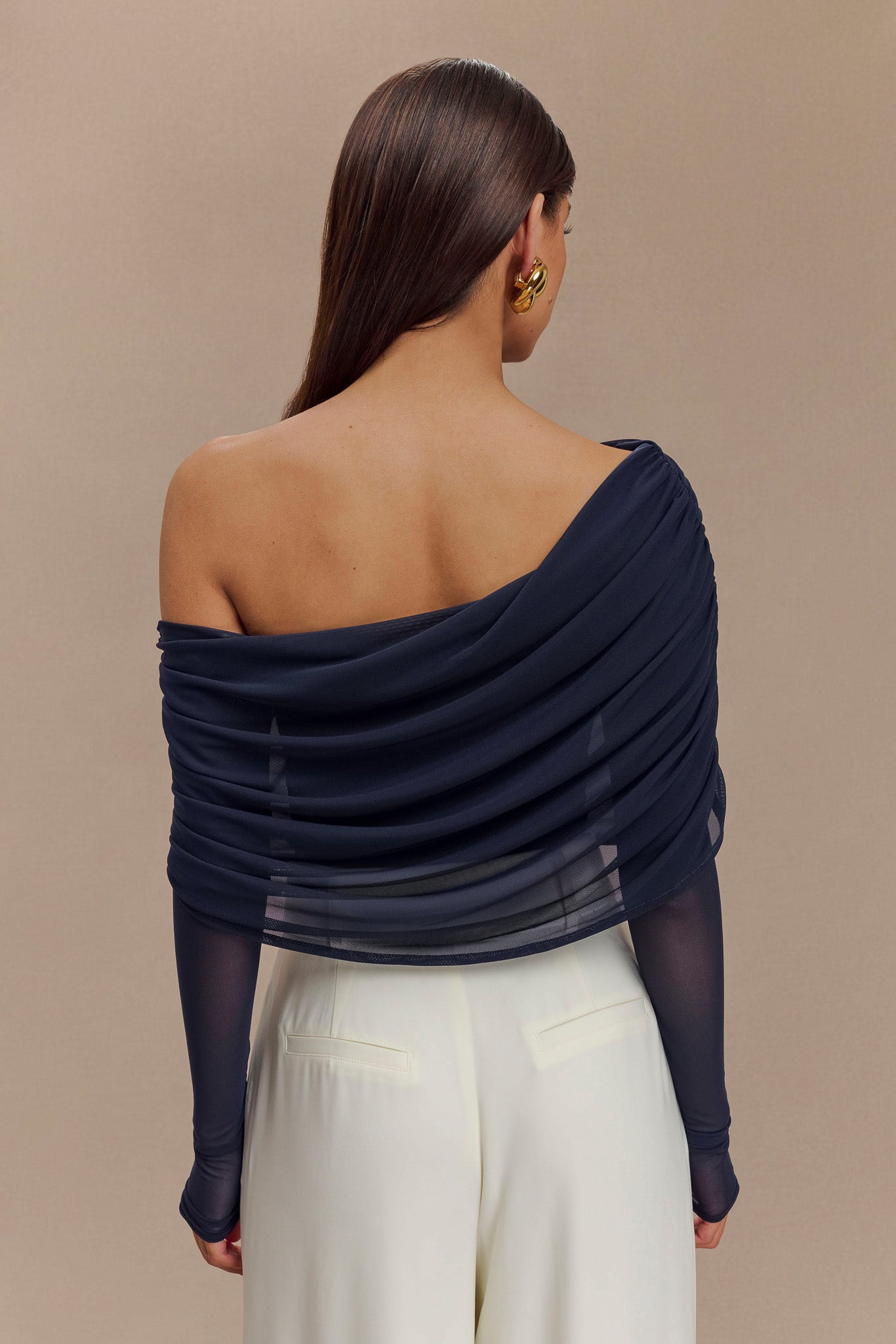 Everly Sheer Mesh Off Shoulder Top - Dark Navy、mySite、solidvoid