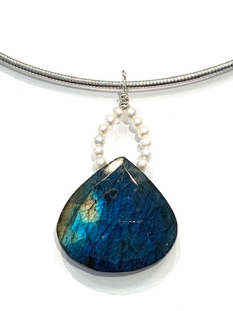 Sconset Flair Studio Faceted Labradorite & Seed Pearl Slide on Round Omega Chain、mySite、noshort