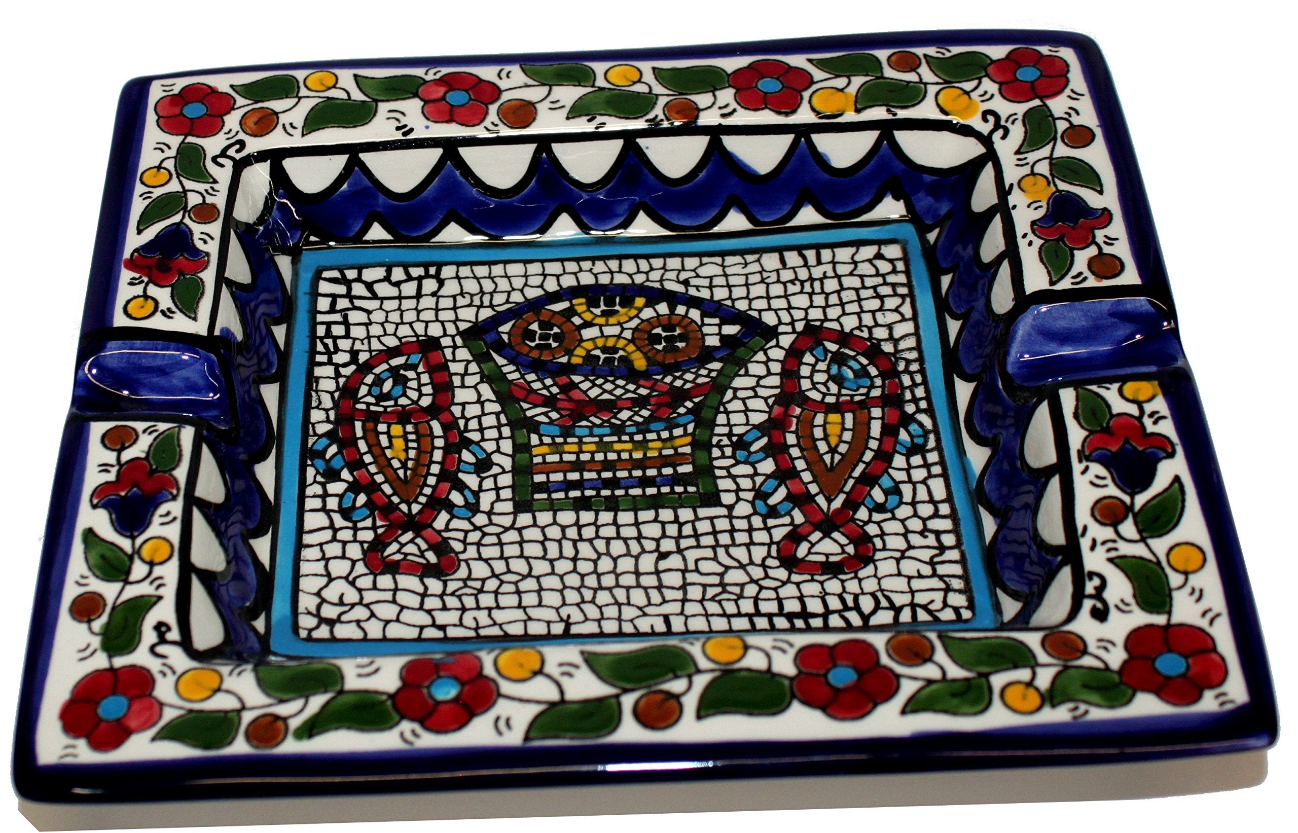 Holy Land Market Ceramic Ashtray with Fish and Loaves - Tabgha or Miracle of Multiplication (Fish and Bread) Design (18 x 16 cm OR 7 x 6.3 Inches) - Asfour Outlet Trademark、mySite、topwebapps