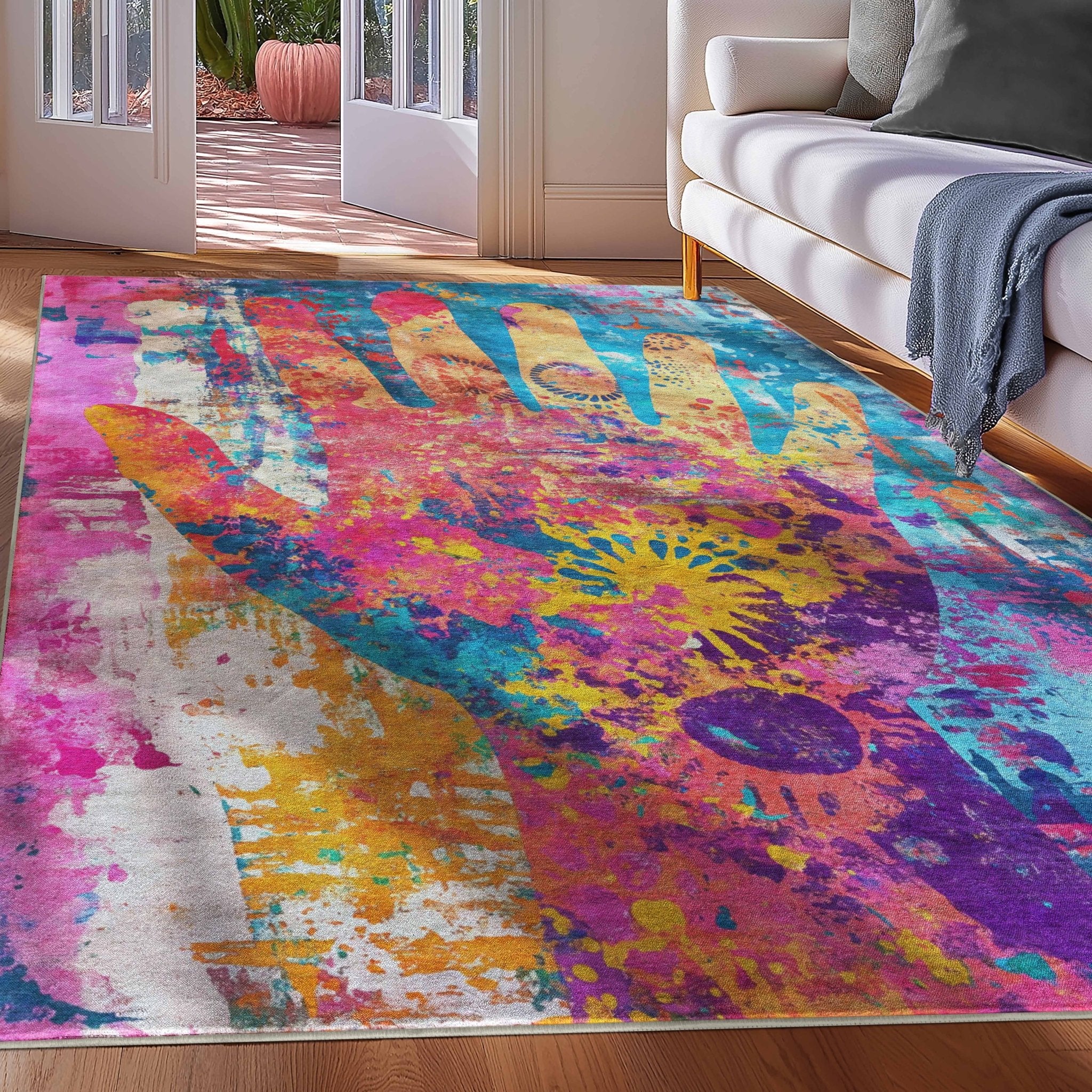 Apollo Aurora Bloom – Hand-Print Floral Abstract Flat Woven Multicolor Rug、mySite、gigharbornorthrealestate