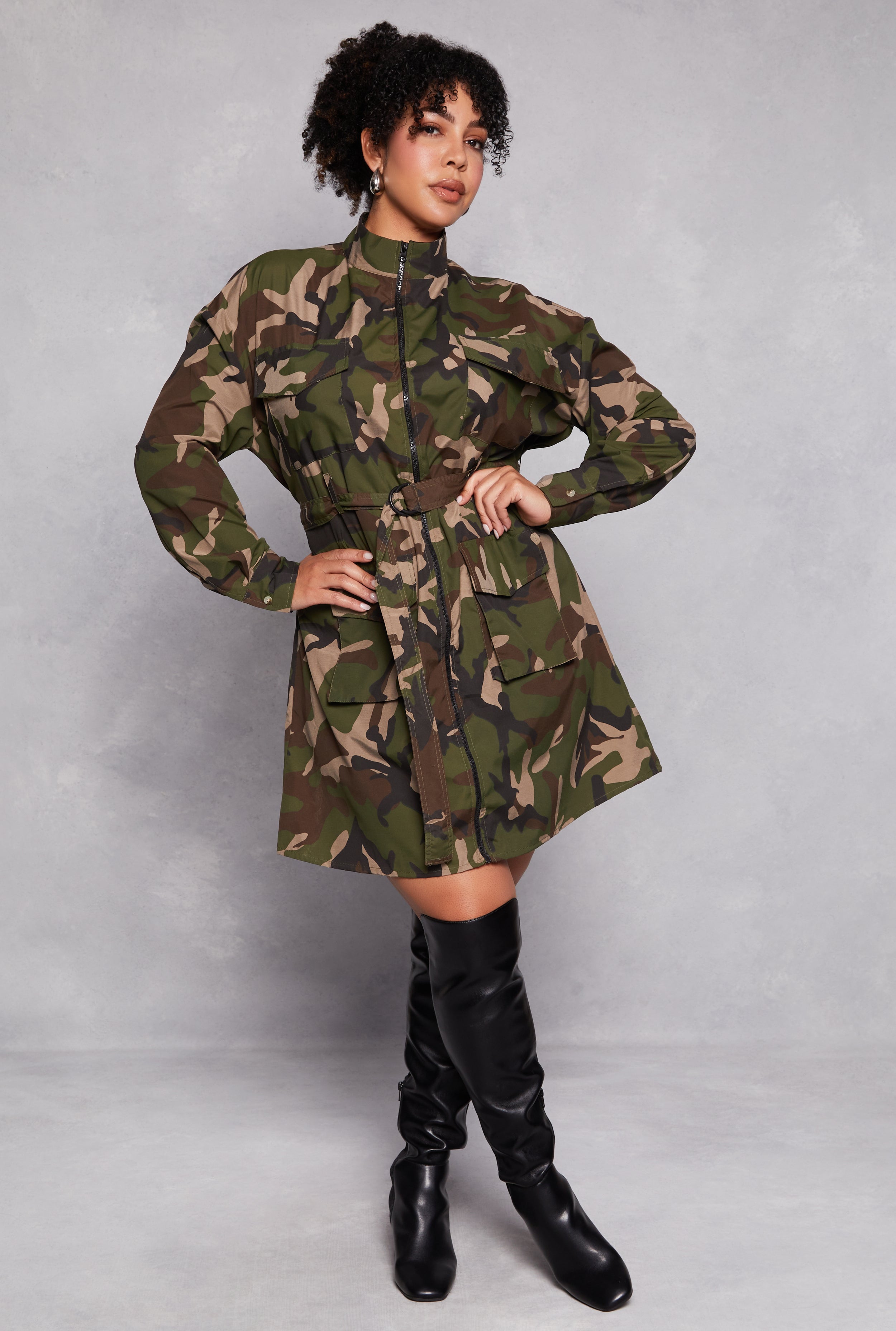 Plus Size Camo Cargo Tie Waist Belted Dress、mySite、camillekostekn