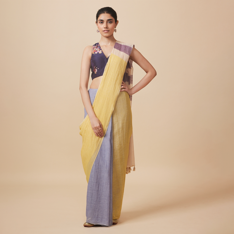 Cotton Solid Saree with Blouse | Yellow & Blue、mySite、camillekostekn