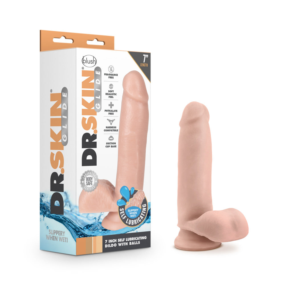 Dr. Skin Glide By Blush® | Realistic Vanilla 7-Inch Long Self-Lubricating Dildo With Balls & Suction Cup Base、mySite、bottomscart