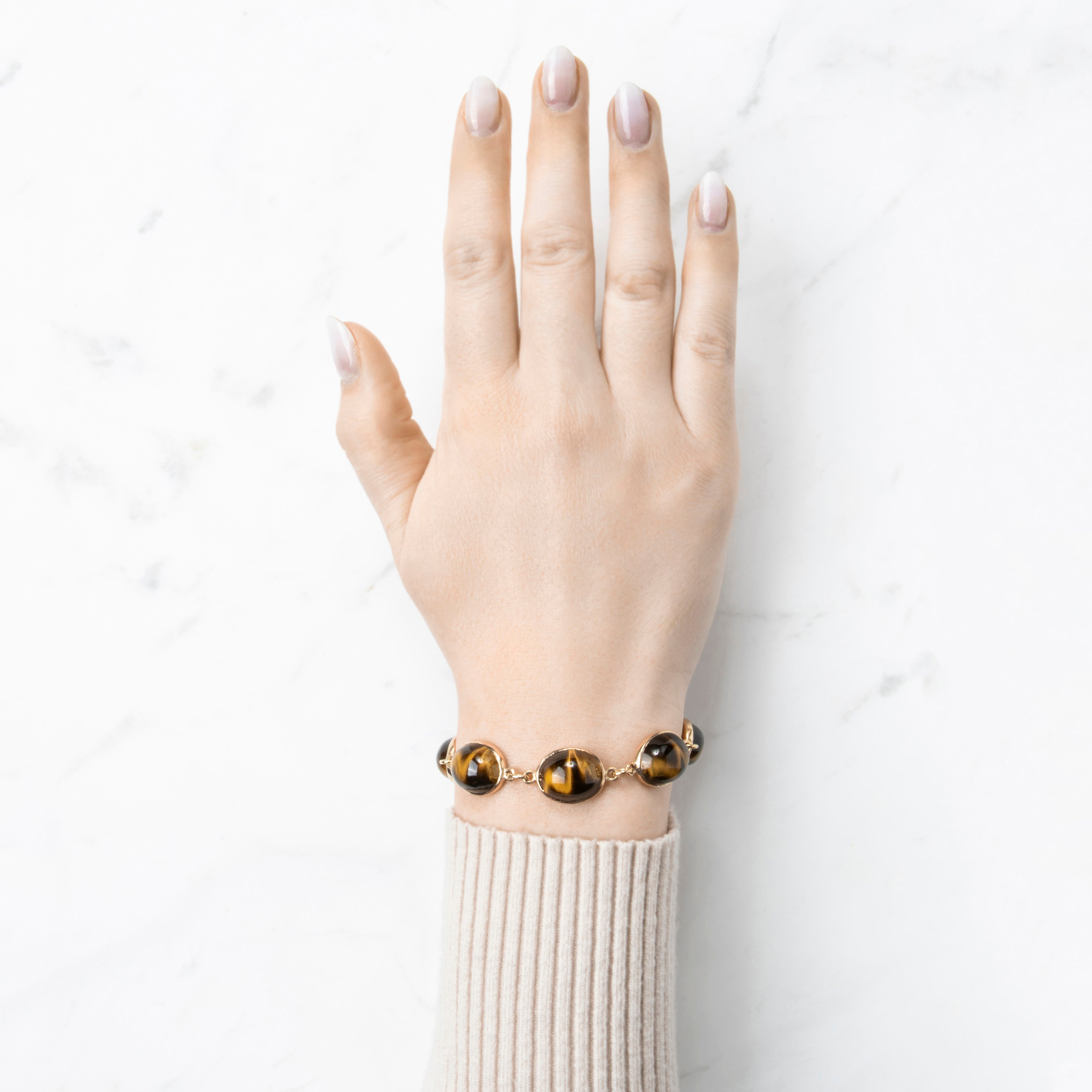 Vintage English 9k Yellow Gold 56cttw Tiger Eye Oval Link Bracelet 6.5、mySite、hinf8tx79