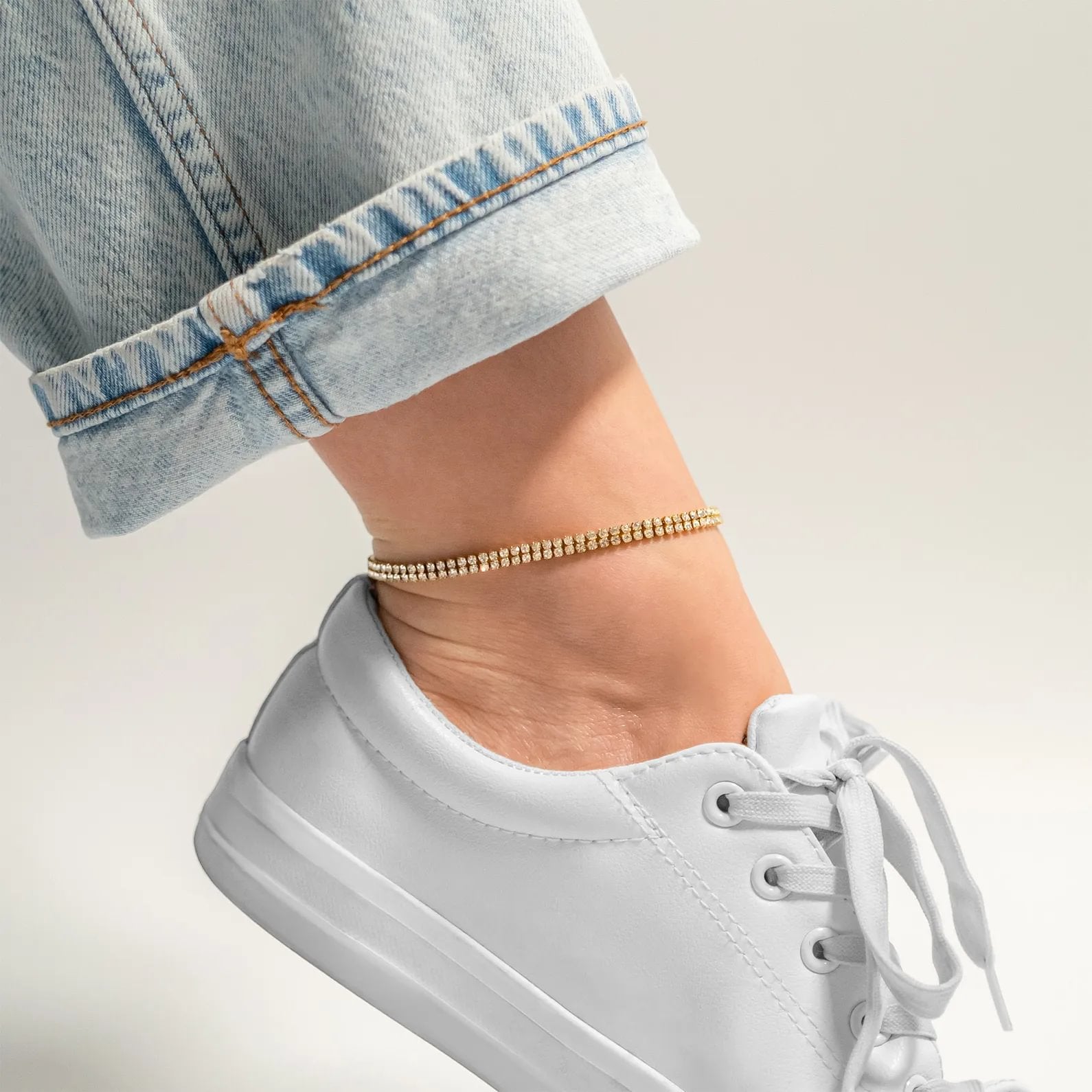 18K Gold PVD Stainless Steel Double Row Rhinestone Anklet / BRJ1057、mySite、dreamappss