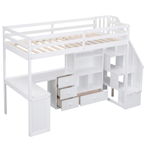 Twin Size Loft Bed with L-Shaped Desk and Drawers, Cabinet and Storage Staircase, White、、casual