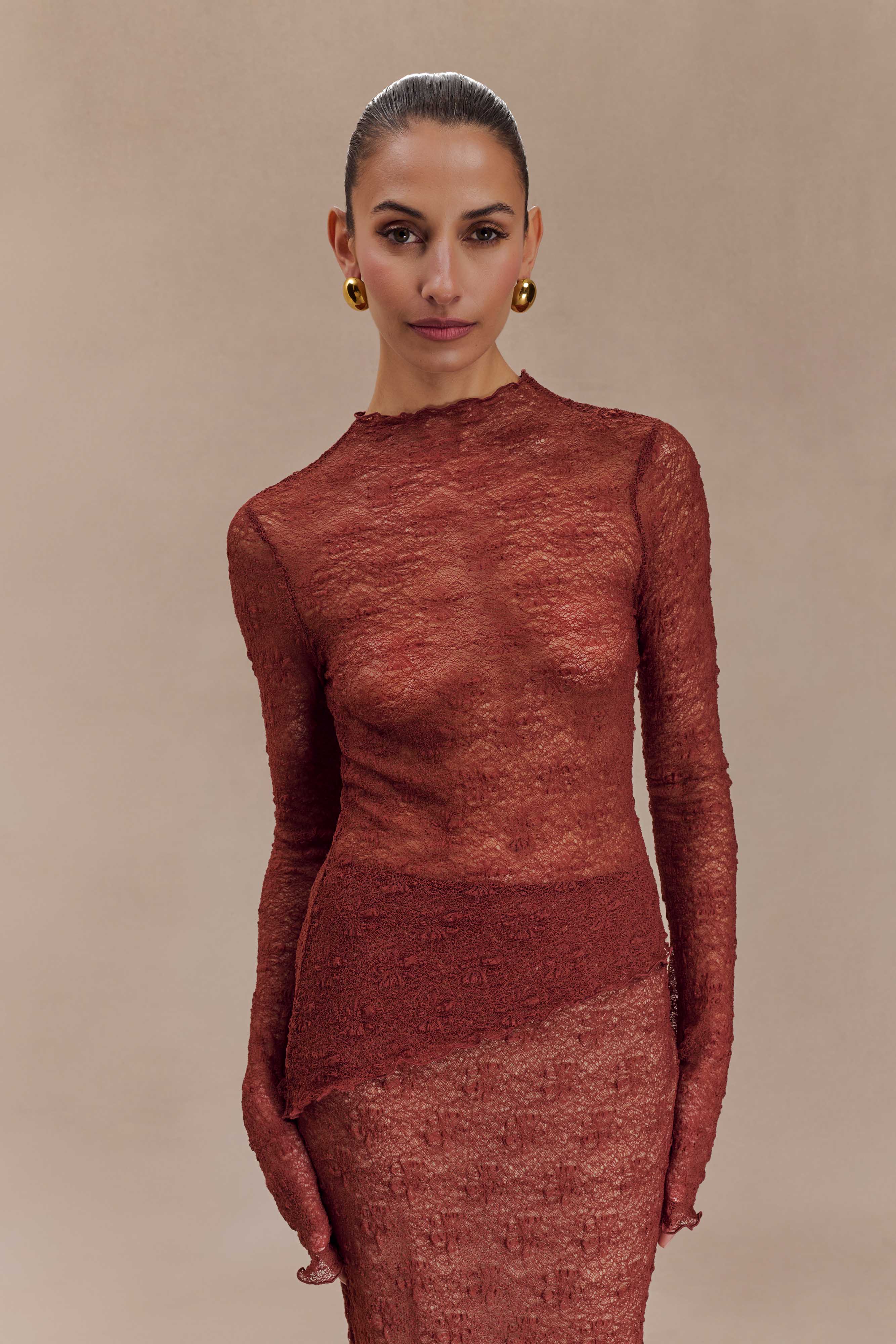 Riley Sheer Lace Long Sleeve Top - Chilli、mySite、solidvoid