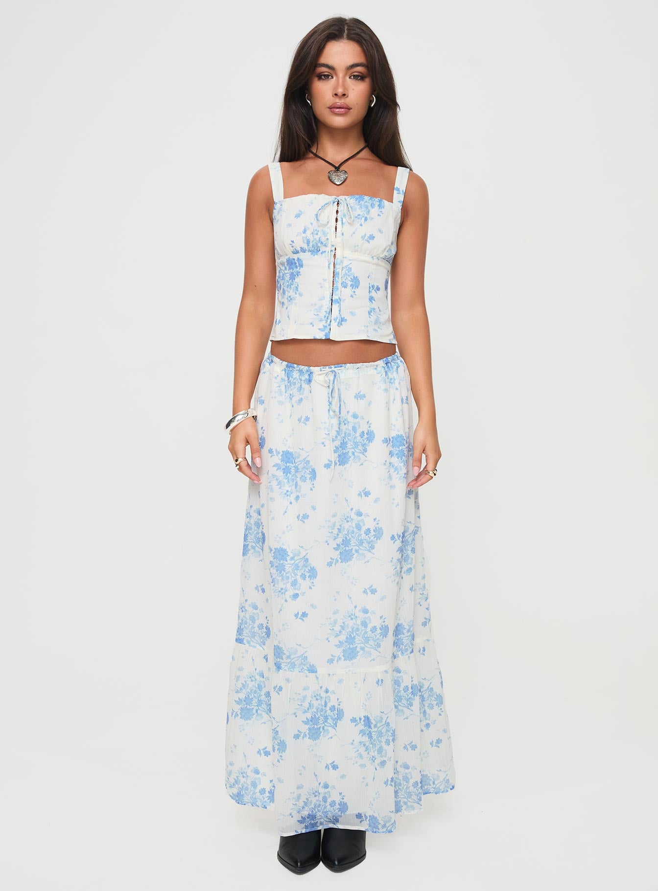 Modern Girl Maxi Skirt White / Blue Floral、mySite、solidvoid