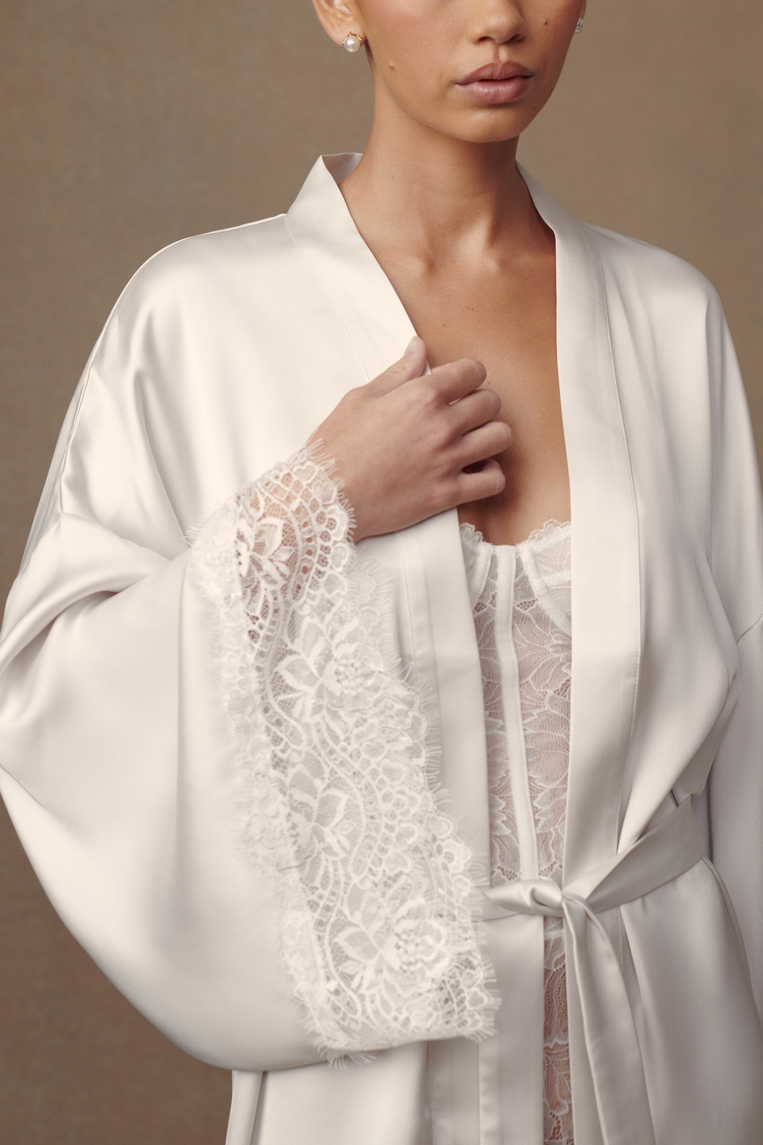 Annabeth Lace Trim Bridal Robe - White、mySite、solidvoid
