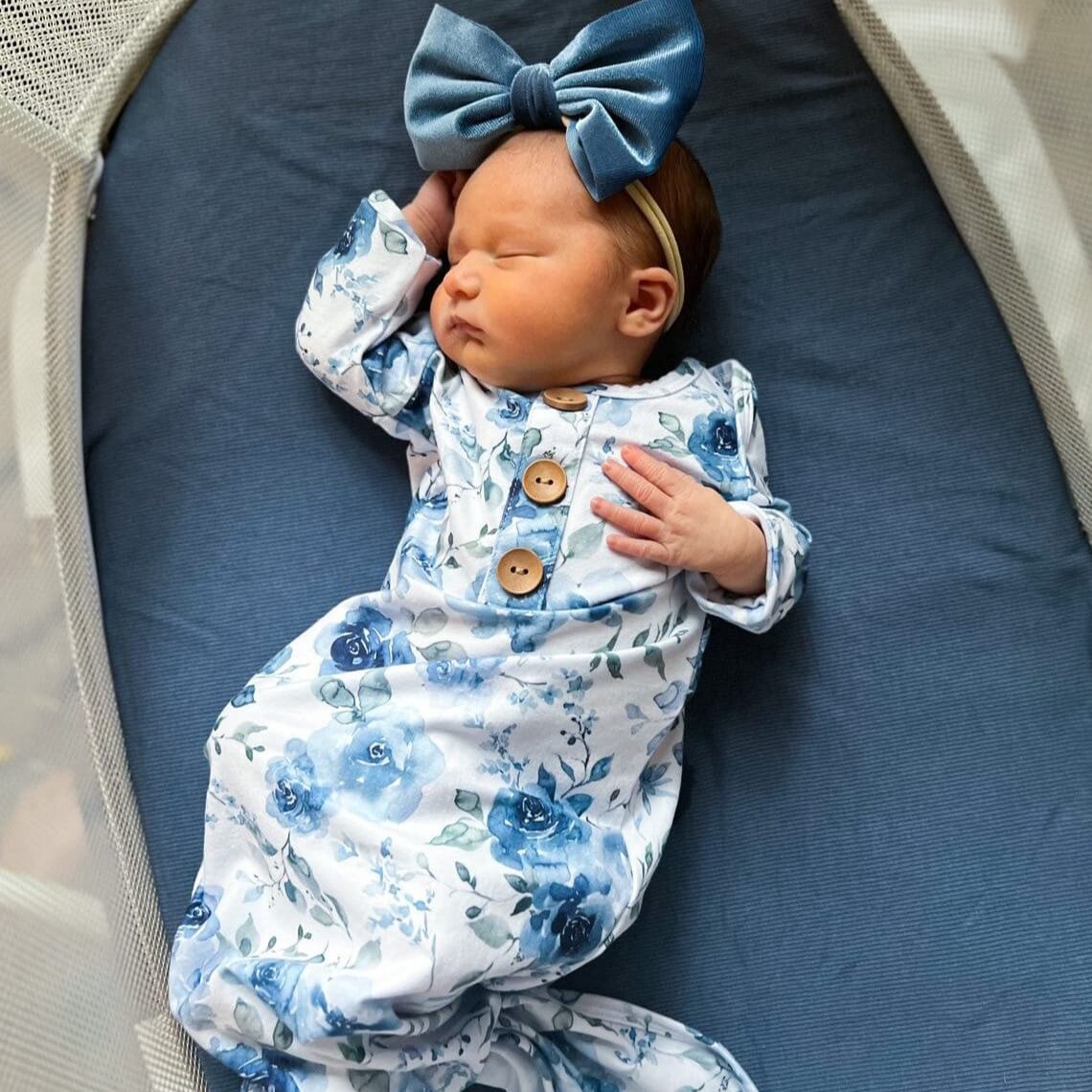  Bailey's Blue Floral Newborn Baby Knot Gown & Hat Set、mySite、layawaytickets