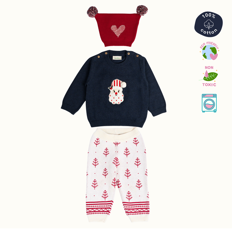 Cotton Sweater, Lower & Cap Set | Secret Santa Printed | Navy Blue & Pink | Set of 3、mySite、camillekostekn