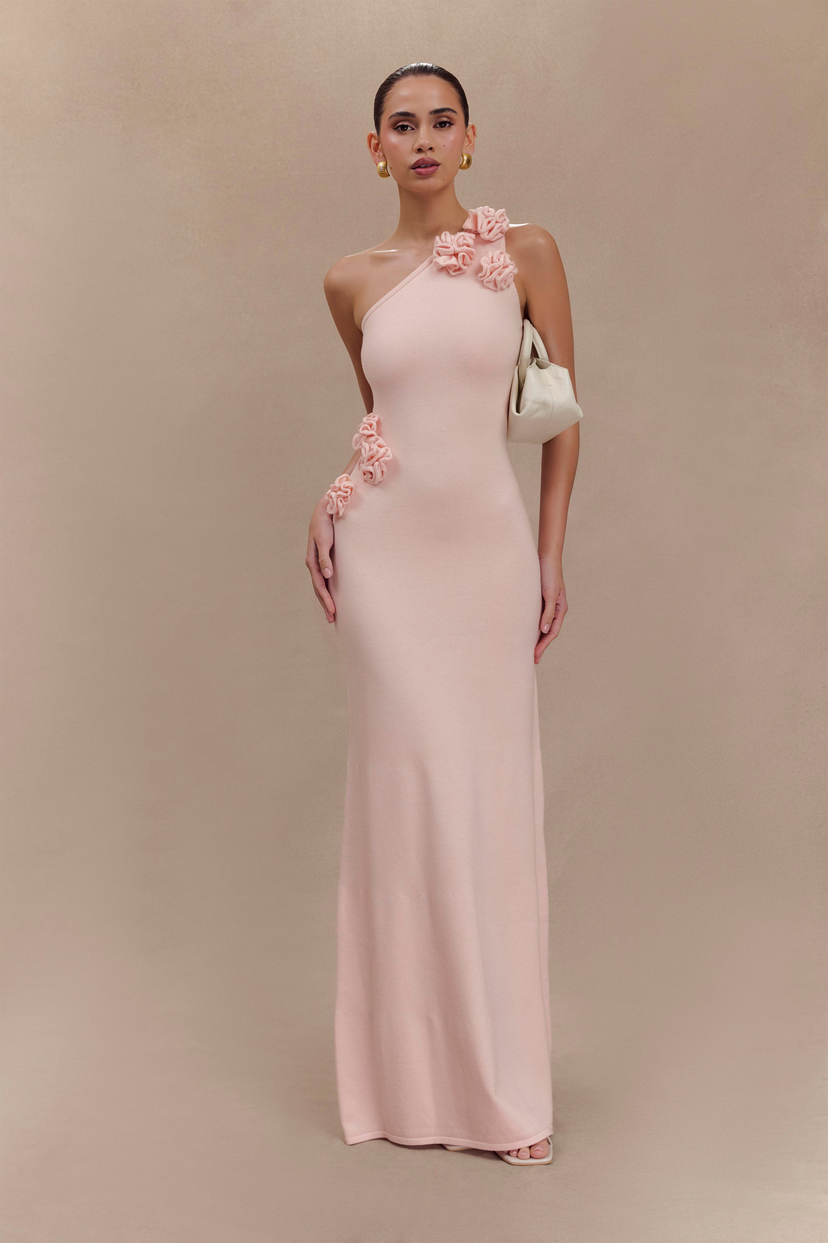 Paloma One Shoulder Knit Maxi Dress With Flowers - Baby Pink、mySite、solidvoid