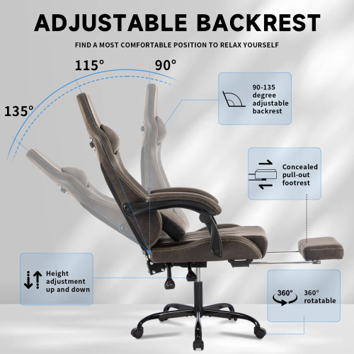 Gaming Chair, Video Game Chair with Massage Lumbar Support and Footrest, Comfortable Ergonomic Computer Chair with Linkage Armrests, Height Adjustable Racing Game Chair Pu Leather for Adults,Brown、、casual